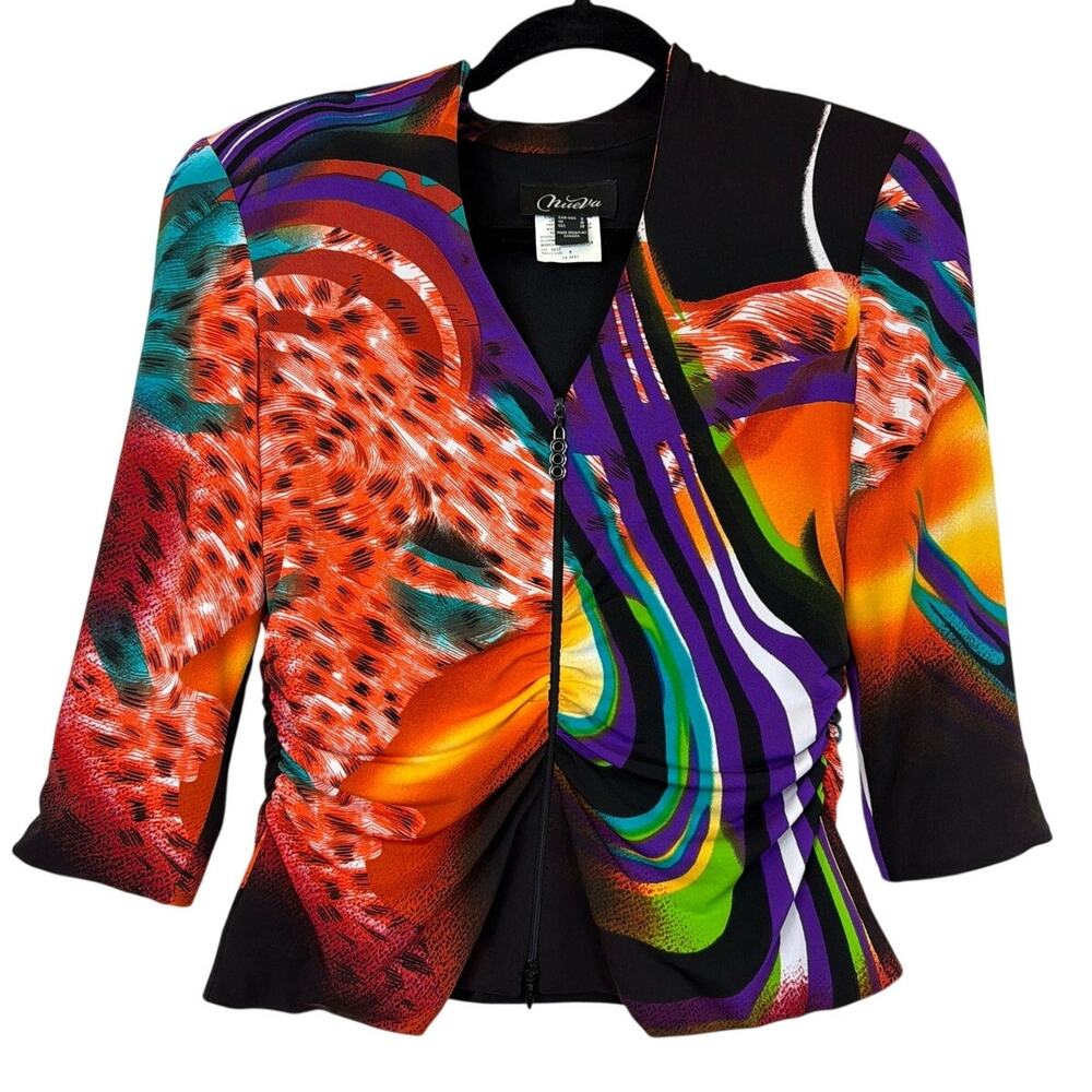 Nuevia Multicolored Pattern Ruched Hem Zip Up Statement Jacket Size 8